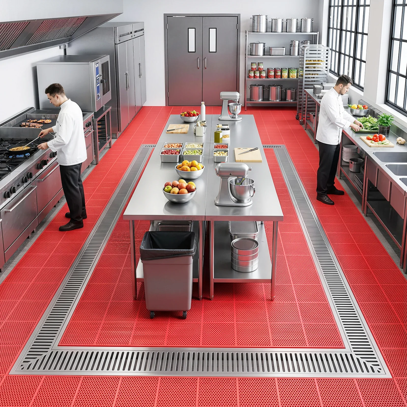 Commercial kitchen floor with drainage mat