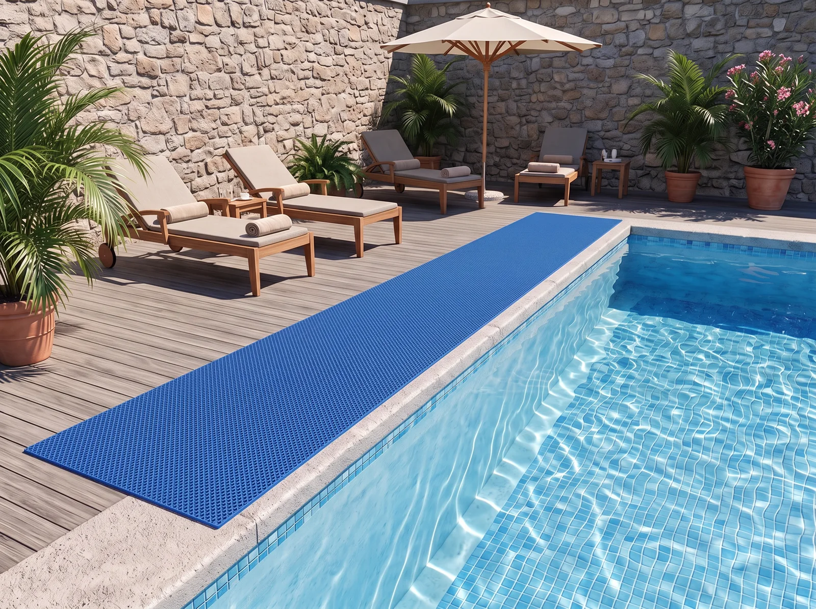 PVC open mesh drainage mat beside a swimming pool